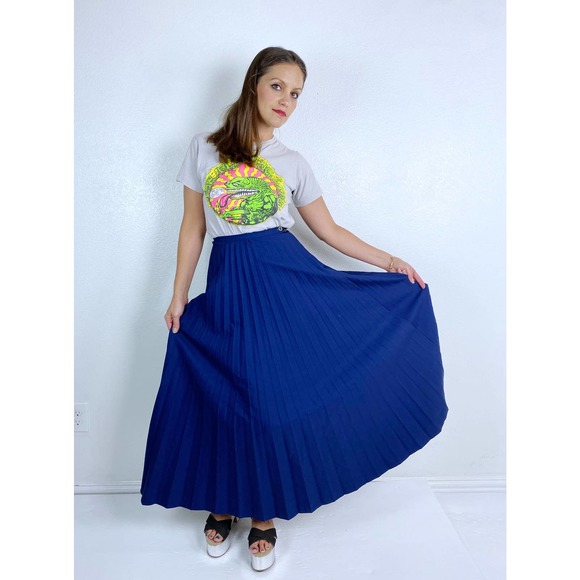 vintage 70s Navy high waisted PLEATED Maxi SKIRT xxs/xs full skirt knife pleats - Picture 8 of 10